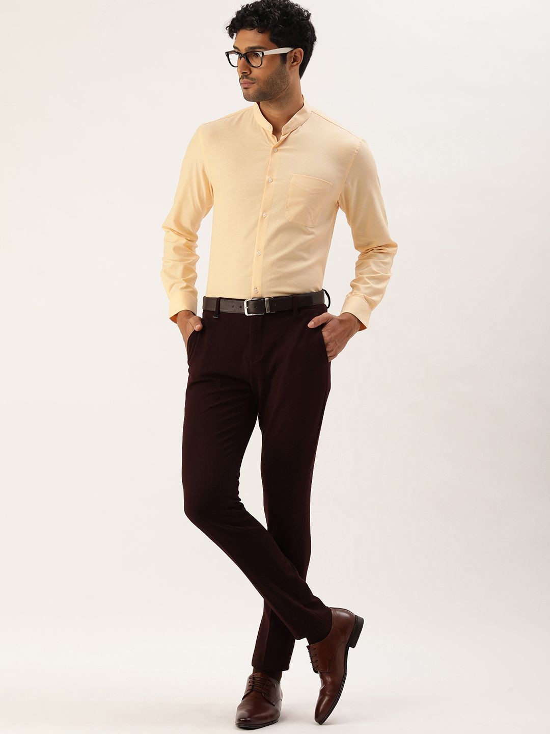 

Peter England Slim Fit Band Collar Full Sleeves Self Design Formal Shirt, Cream