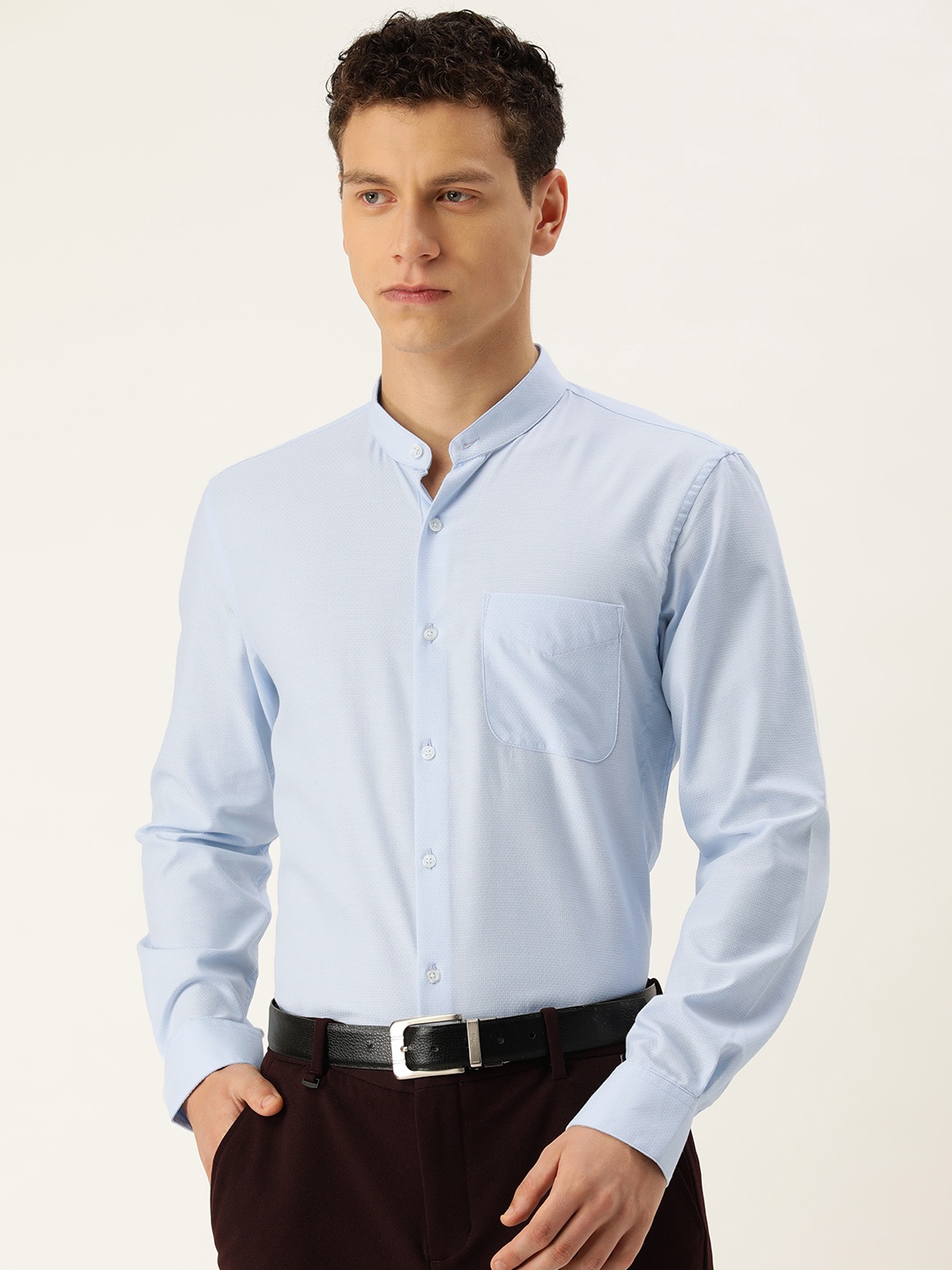 

Peter England Band Collar Textured Slim Fit Formal Shirt, Blue
