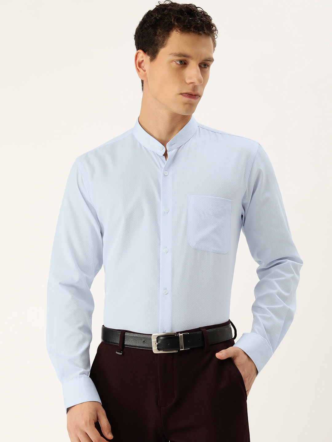 

Peter England Band Collar Textured Slim Fit Formal Shirt, Blue