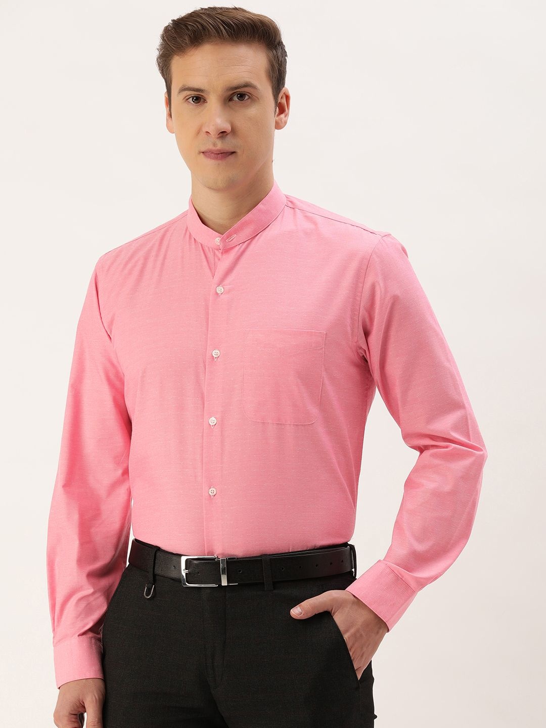 

Peter England Slim Fit Band Collar Full Sleeves Self Design Formal Shirt, Pink