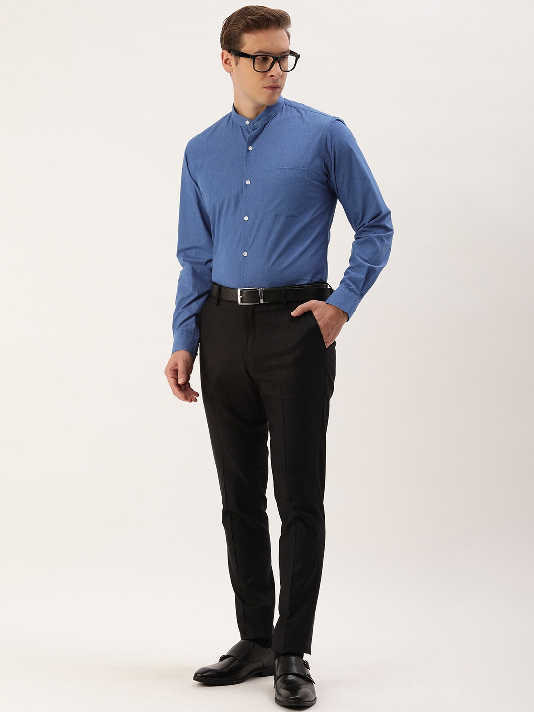

Peter England Slim Fit Band Collar Full Sleeves Solid Formal Shirt, Navy blue