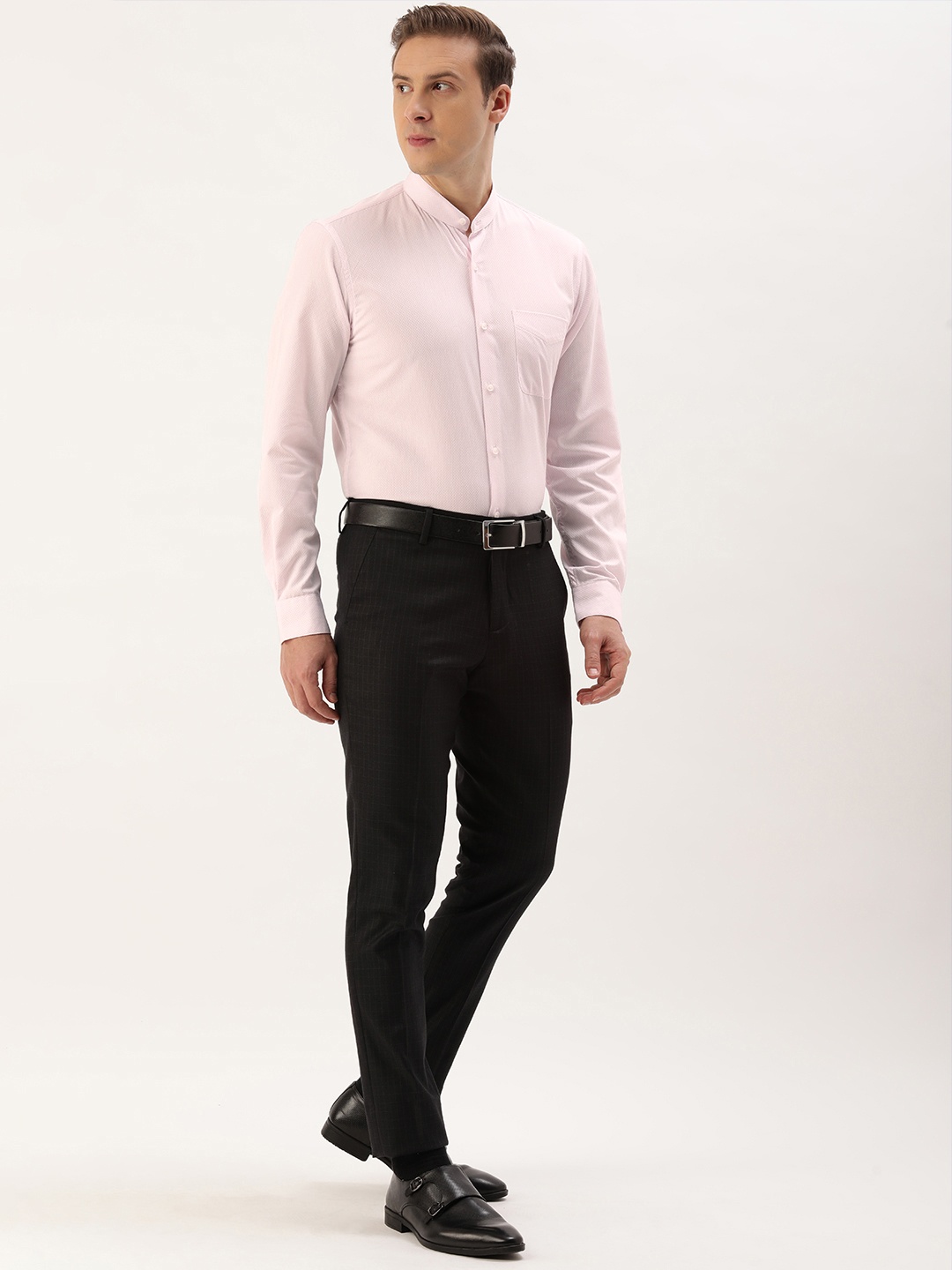 

Peter England Slim Fit Band Collar Full Sleeves Self Design Formal Shirt, Pink