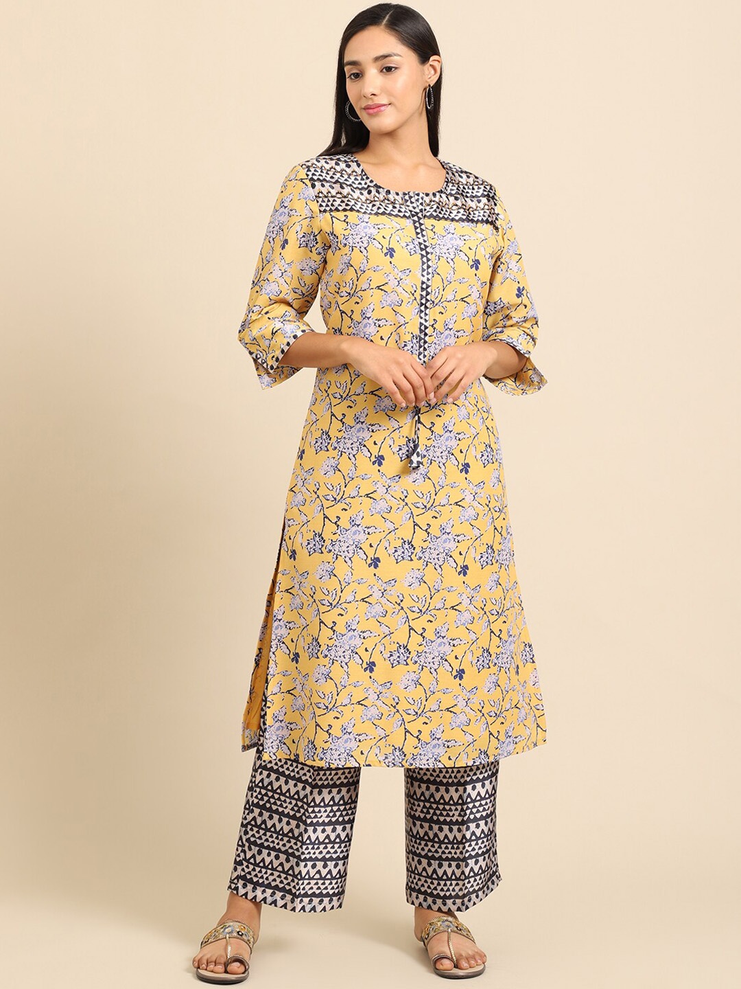 

Katn India Yellow Floral Printed Pure Cotton Kurta With Palazzos