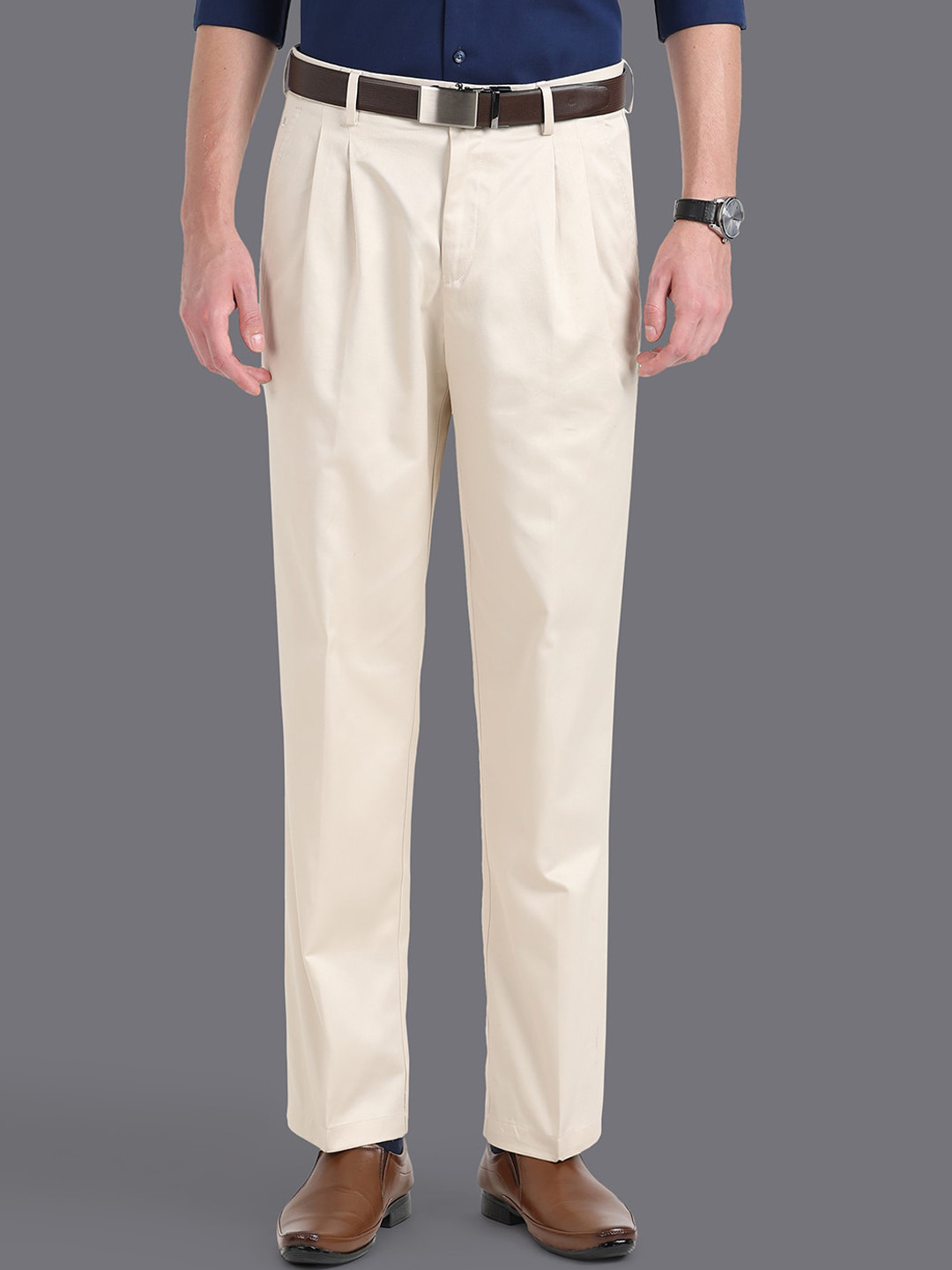 

Louis Philippe Men Slim Fit Mid-Rise Pleated Pure Cotton Formal Trousers, Cream