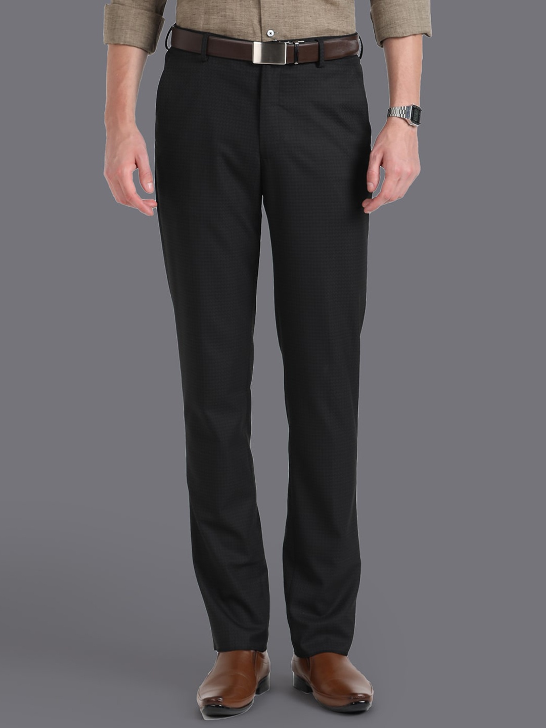 

Louis Philippe Men Slim Fit Mid-Rise Formal Trousers, Black
