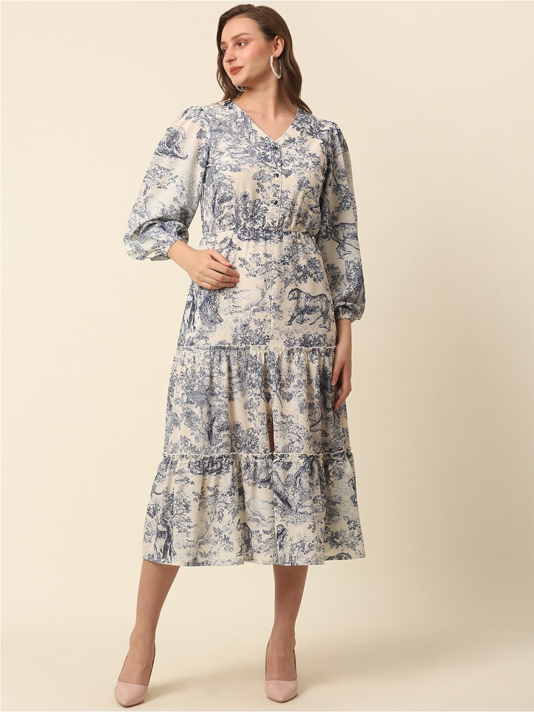 

plusS Beige Conversational Printed Puff Sleeve Tiered Fit & Flare Midi Dress