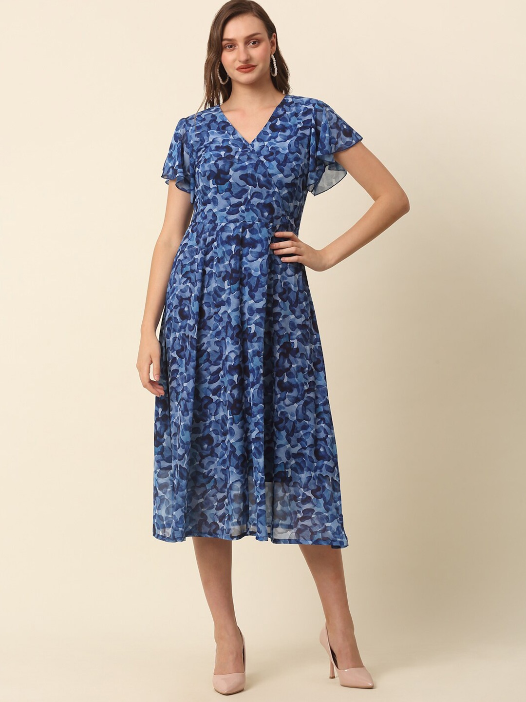 

plusS Blue Abstract Printed Flutter Sleeves A-Line Midi Dress