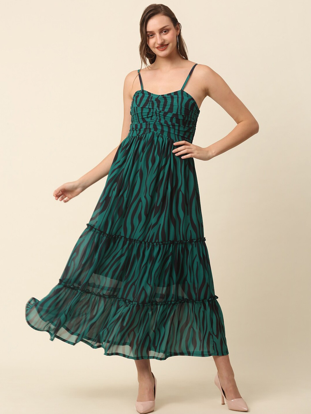 

plusS Green Abstract Printed Shoulder Straps Tiered Fit & Flare Maxi Dress