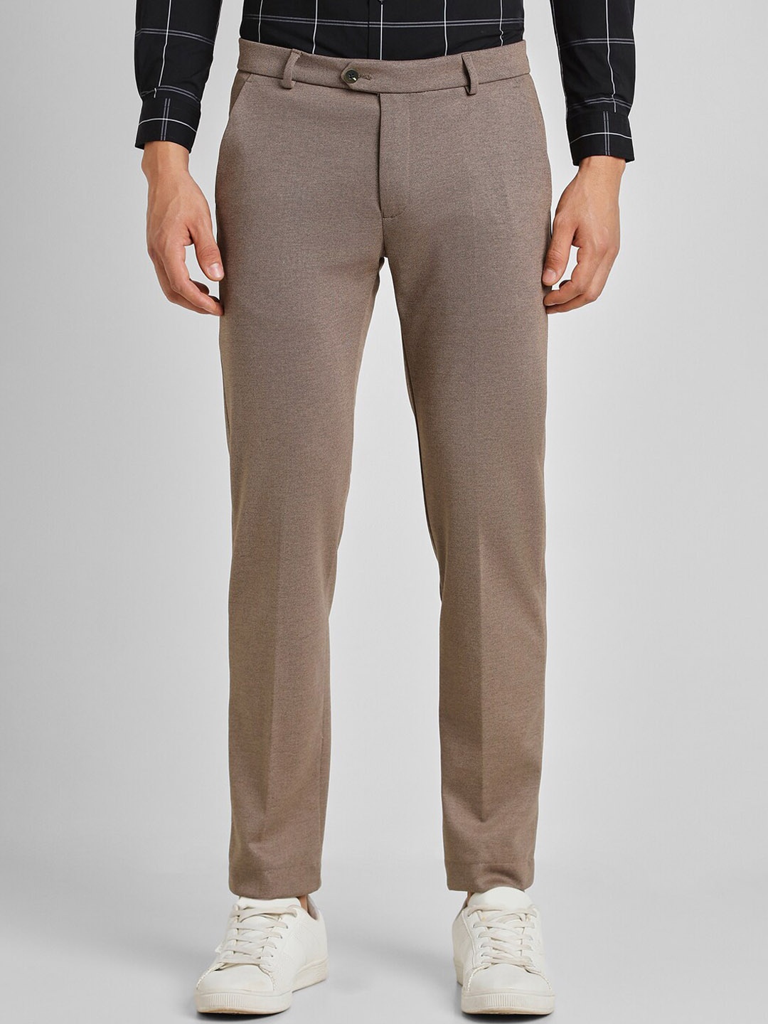 

Peter England Men Slim Fit Mid-Rise Plain Formal Trousers, Brown