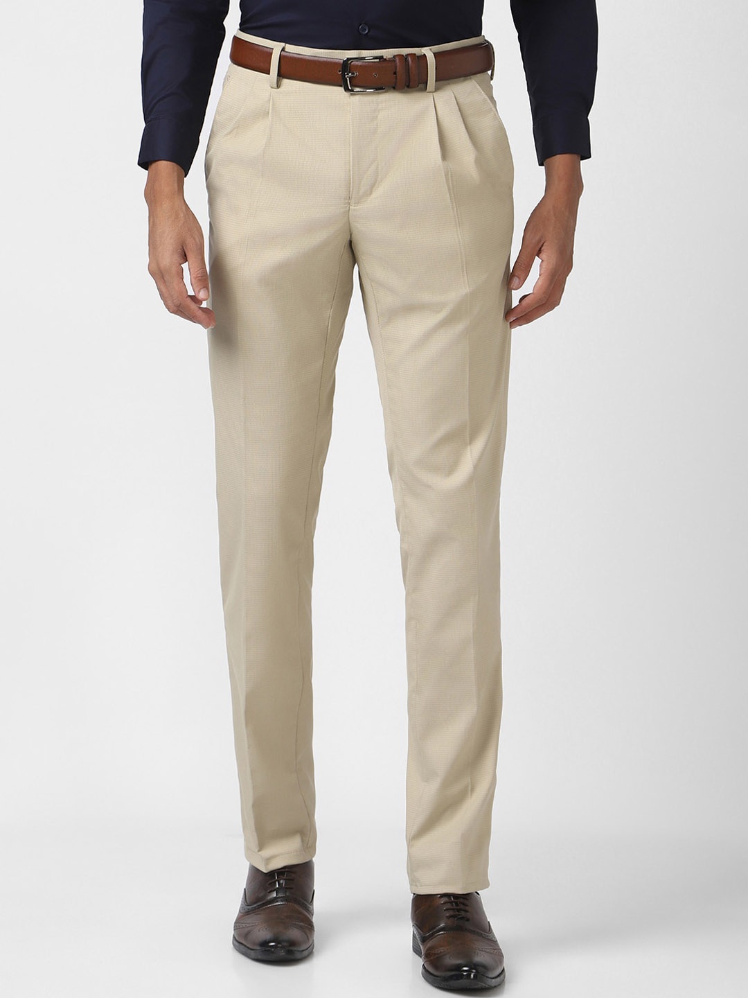 

Peter England Men Slim Fit Pleated Formal Trousers, Cream