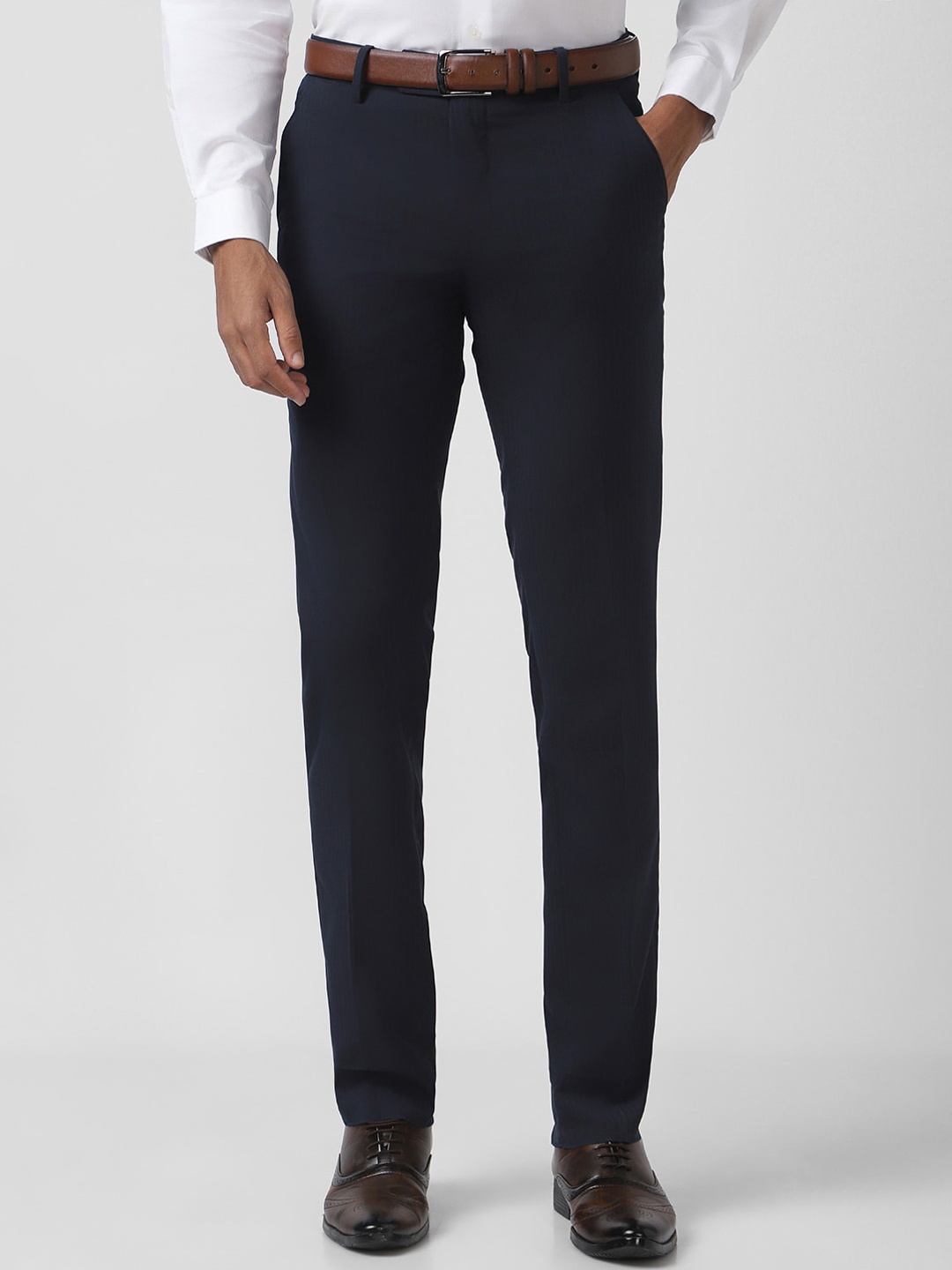 

Peter England Men Slim Fit Mid-Rise Plain Formal Trousers, Navy blue