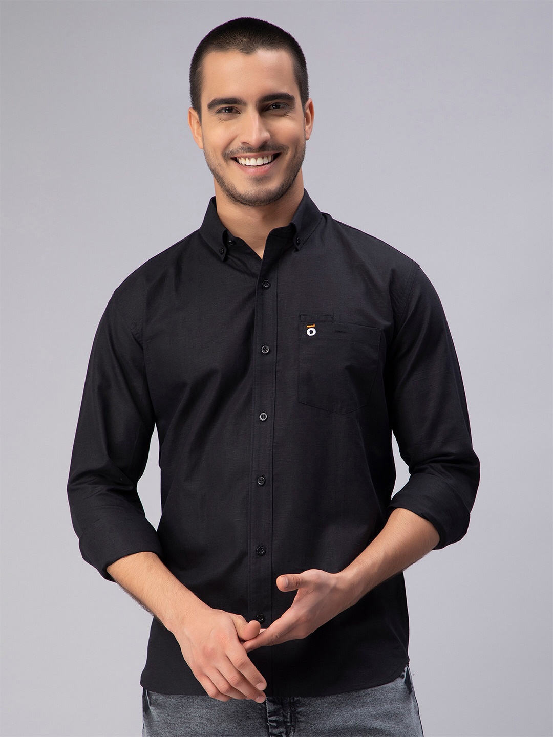 

PEPLOS Custom Button-Down Collar Opaque Cotton Linen Casual Shirt, Black