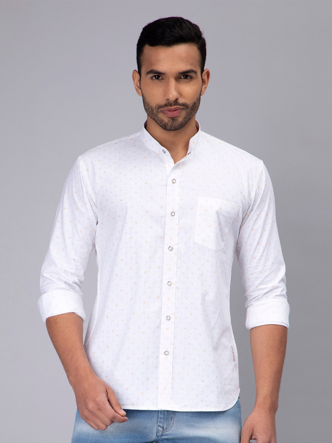 

PEPLOS Custom Micro Ditsy Opaque Printed Cotton Linen Casual Shirt, White