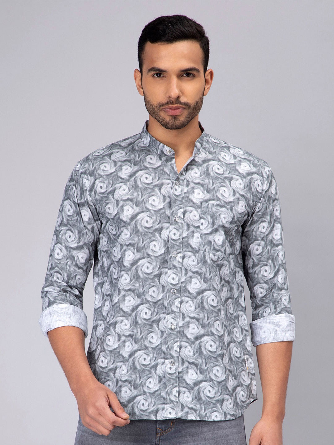 

PEPLOS Custom Abstract Printed Cotton Linen Casual Shirt, Grey