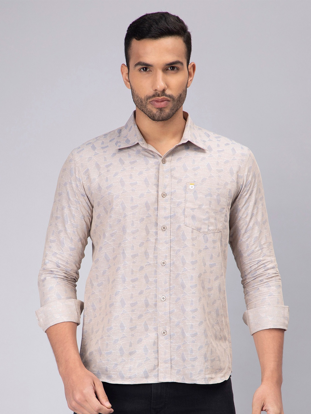 

PEPLOS Custom Abstract Opaque Printed Cotton Linen Casual Shirt, Beige