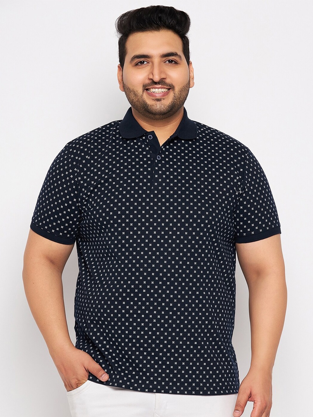 

WILD WEST Plus Plus Size Micro Ditsy Printed Polo Collar T-Shirt, Black