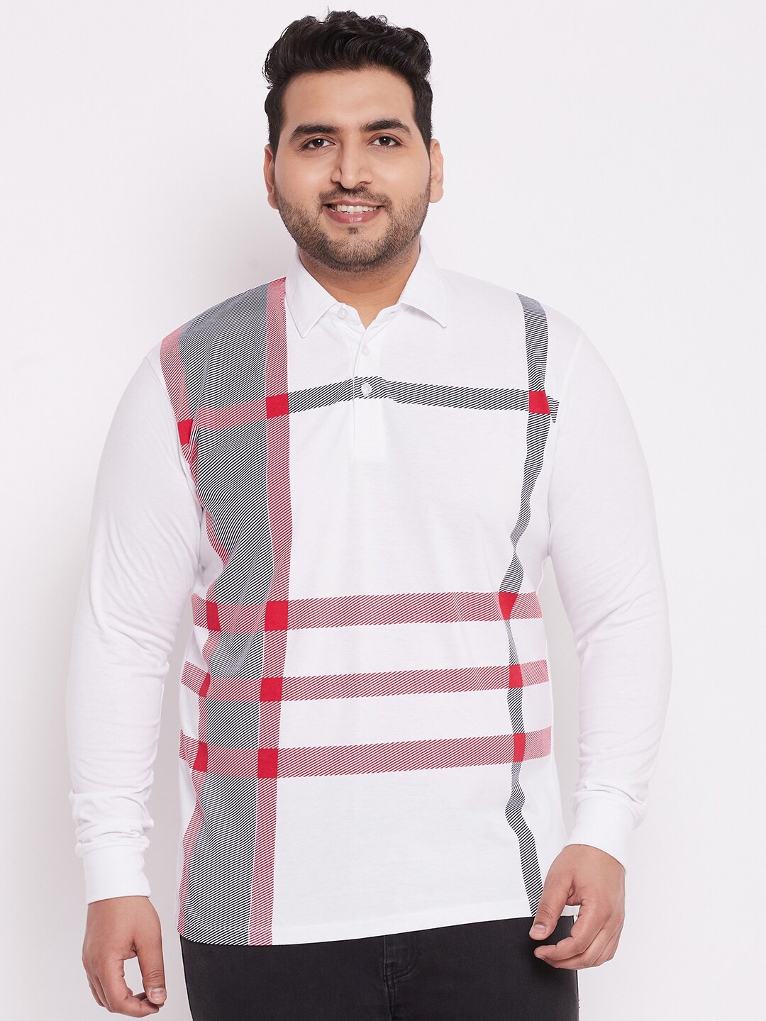 

WILD WEST Plus Plus Size Striped Long Sleeves Polo Collar T-Shirt, White