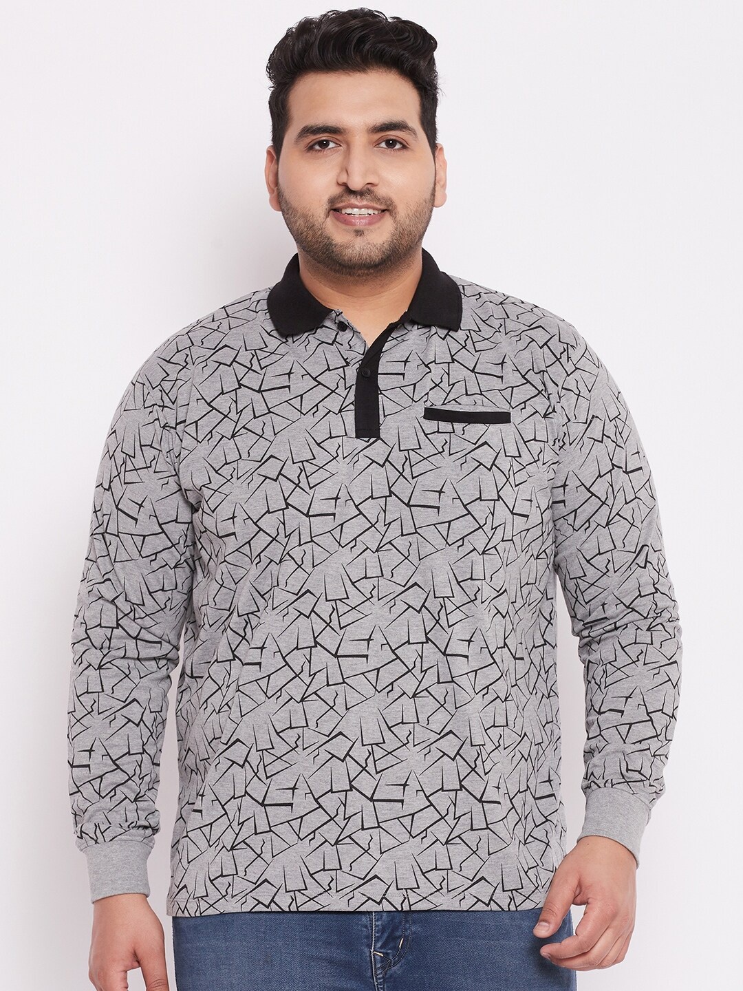 

WILD WEST Plus Plus Size Abstract Printed Polo Collar T-Shirt, Grey