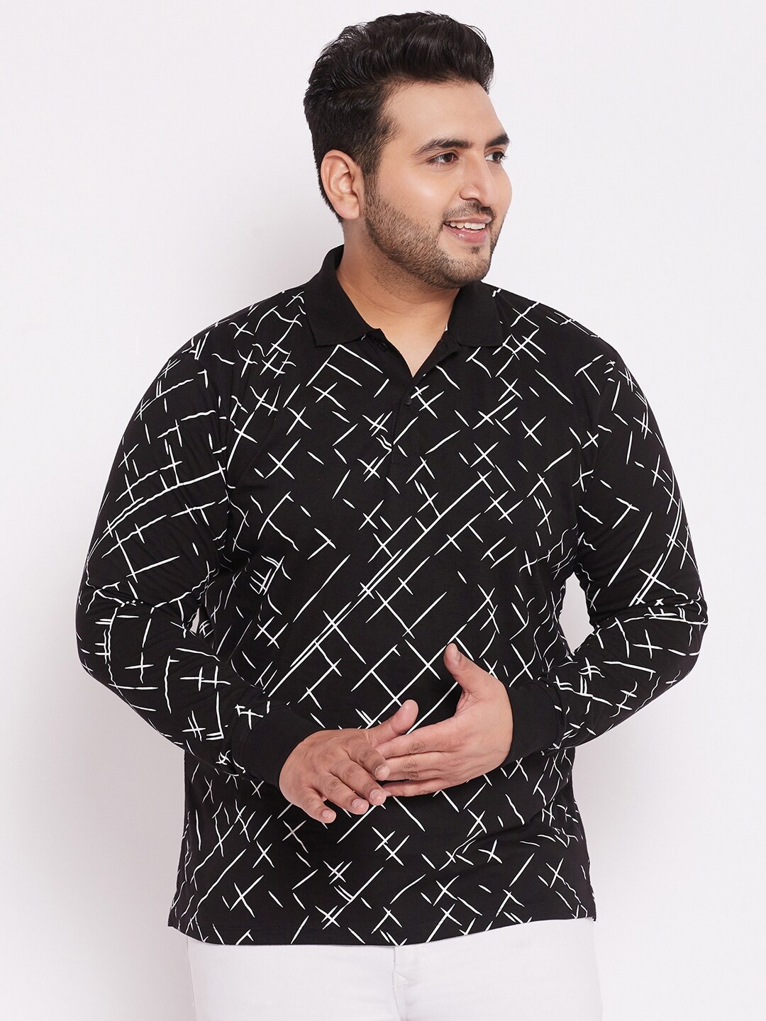 

WILD WEST Plus Plus Size Abstract Printed Polo Collar T-Shirt, Black