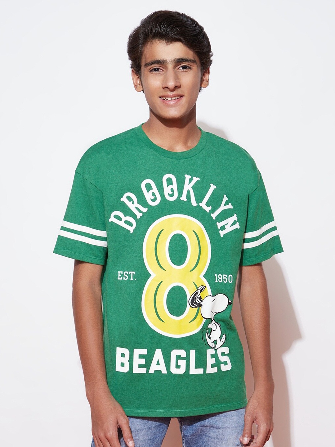 

SPUNKIES Boys Snoopy Printed Cotton T-shirt, Green