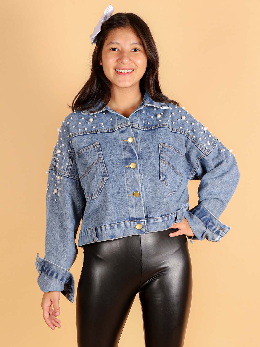 

BAESD Girls Lightweight Pearls & Studded Longline Denim Jacket, Blue