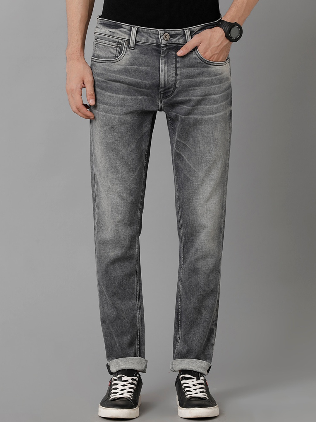 

Voi Jeans Men Skinny Fit Clean Look Heavy Fade Stretchable Jeans, Grey