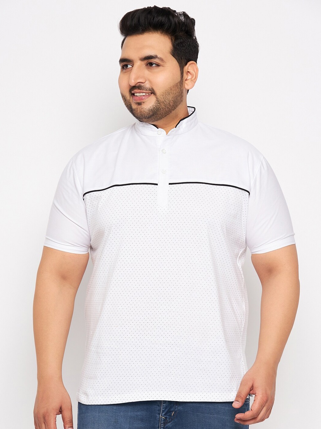 

WILD WEST Plus Plus Size Mandarin Collar Cotton T-Shirt, White