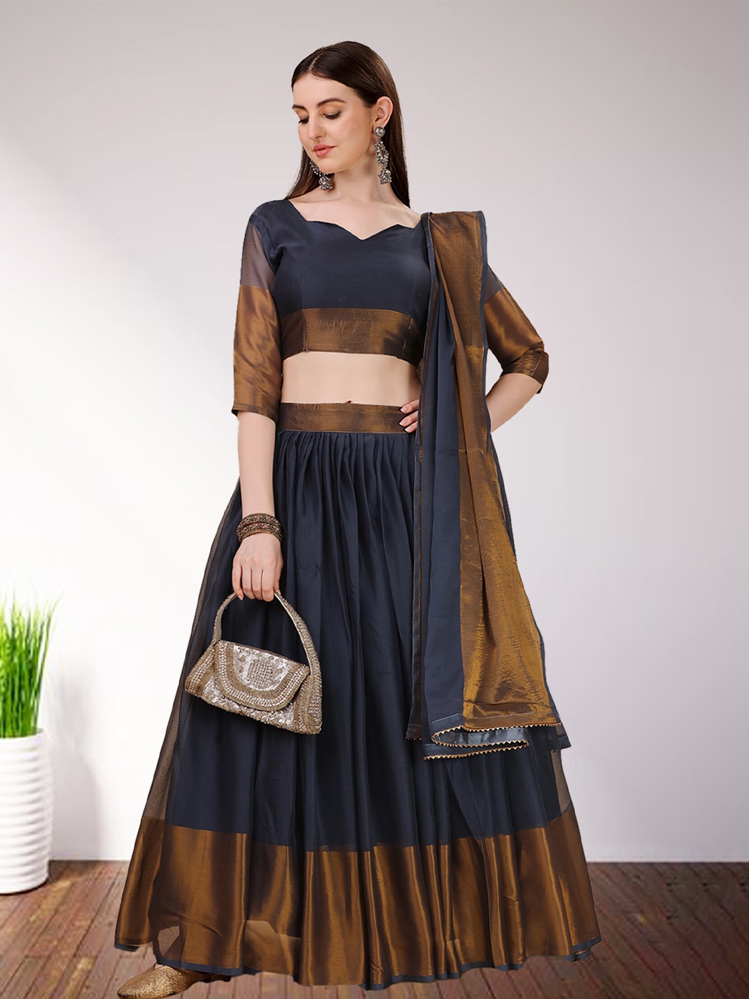 

N ENTERPRISE Zari Semi Stitched Lehenga & Unstitched Blouse With Dupatta, Navy blue