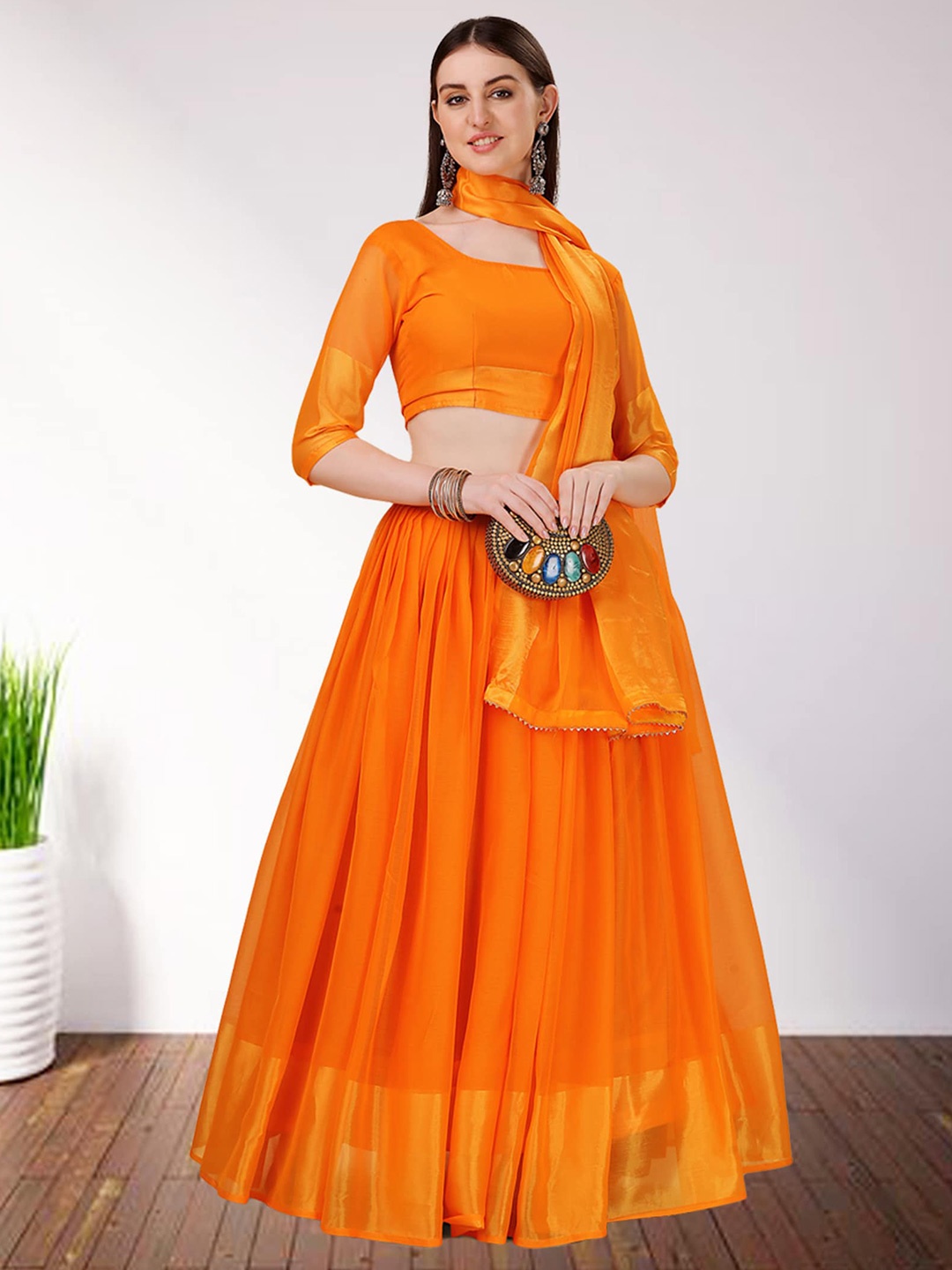 

N ENTERPRISE Zari Semi Stitched Lehenga & Unstitched Blouse With Dupatta, Orange