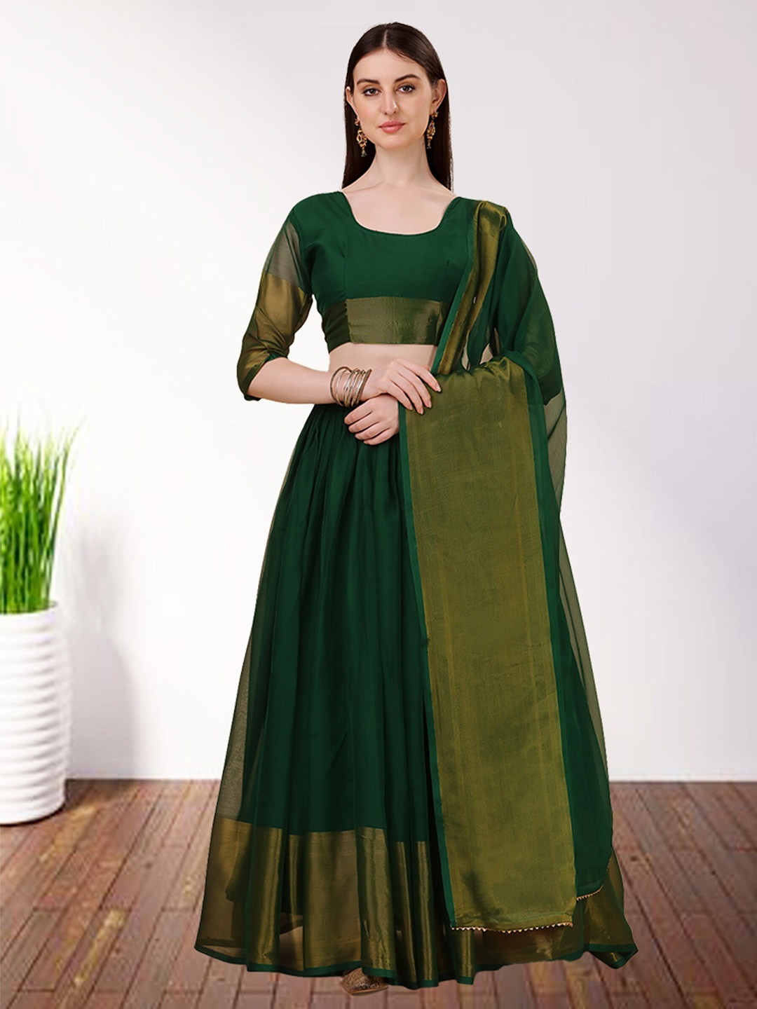 

N ENTERPRISE Zari Semi Stitched Lehenga & Unstitched Blouse With Dupatta, Green