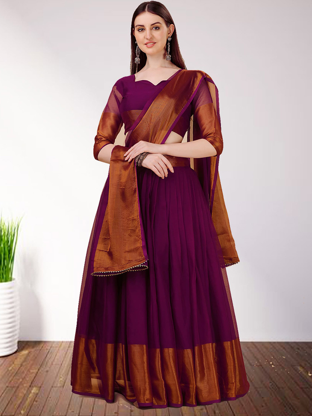 

N ENTERPRISE Semi-Stitched Lehenga & Unstitched Blouse With Dupatta, Purple
