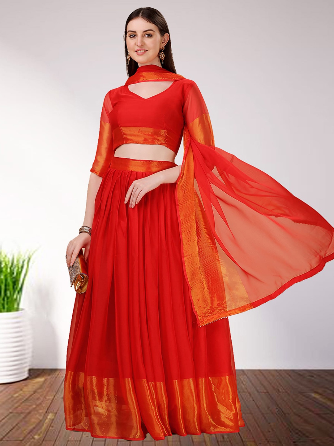 

N ENTERPRISE Semi-Stitched Lehenga & Unstitched Blouse With Dupatta, Red