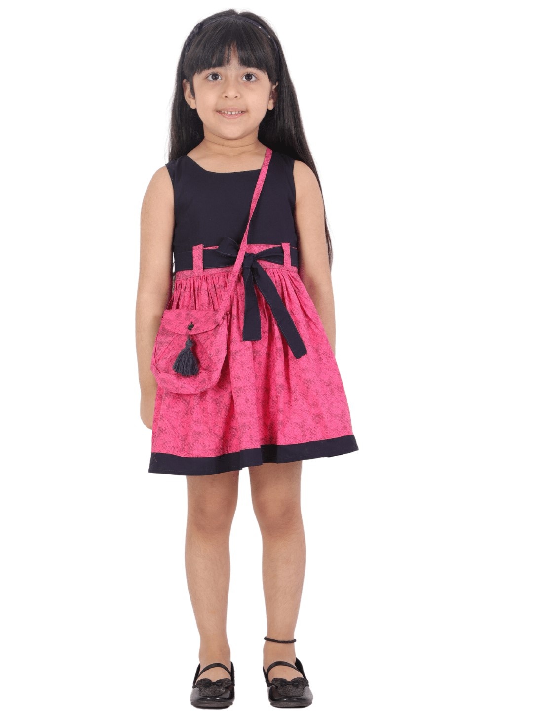 

BAESD Abstract Printed Sleeveless Belted Pure Cotton Fit & Flare Dress With Bag & Shorts, Pink