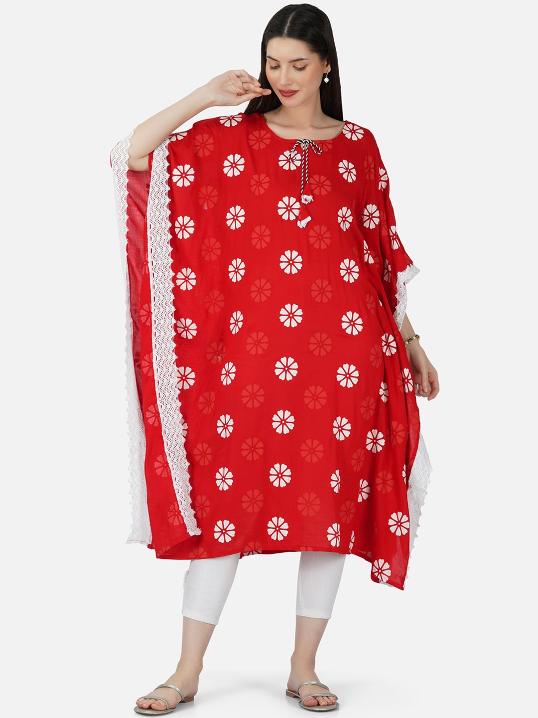 

SkyaSia Floral Printed Flared Sleeves Kaftan, Red