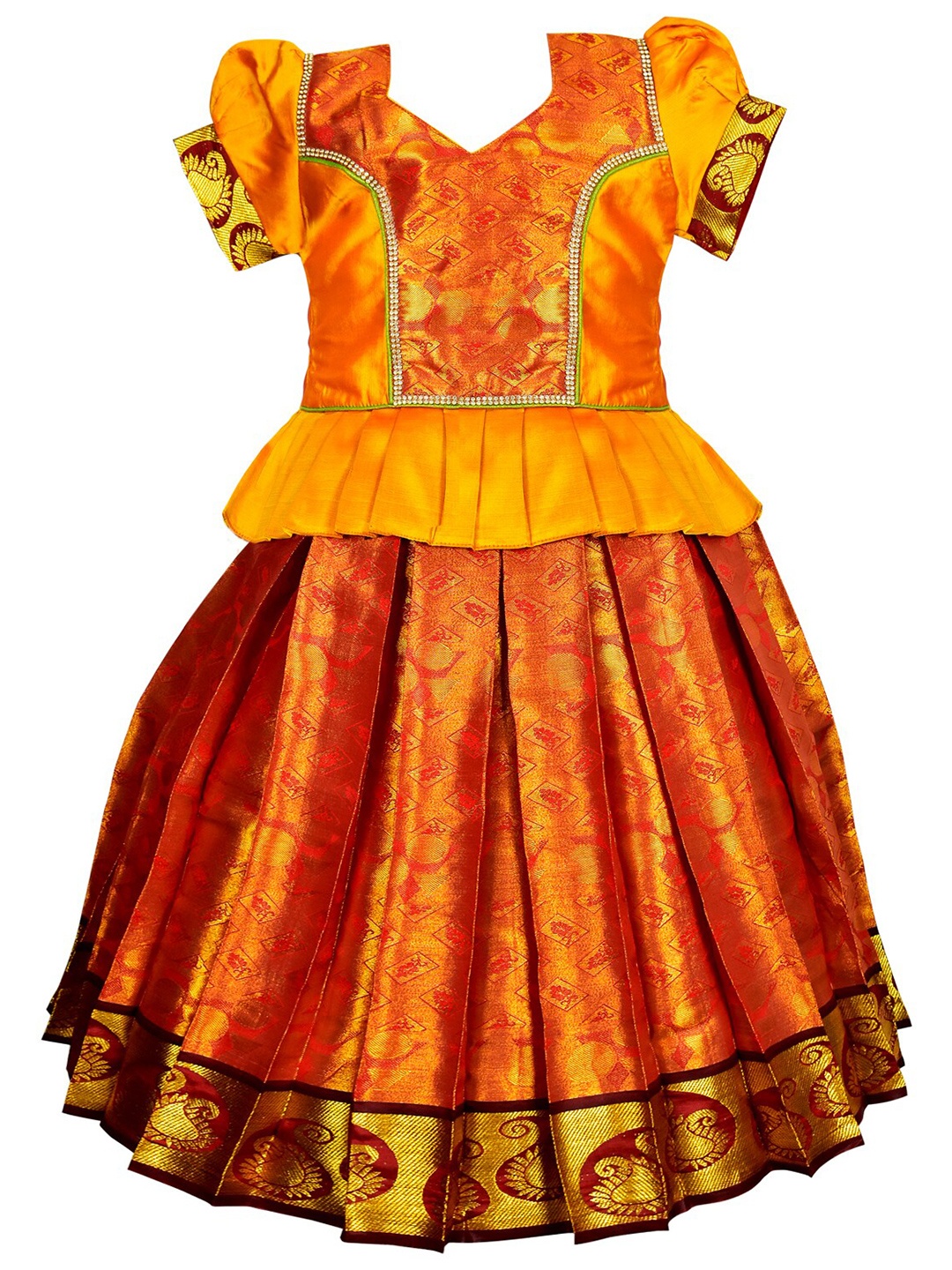 

AMIRTHA FASHION Girls Woven Design Ready to Wear Art Silk Lehenga, Gold