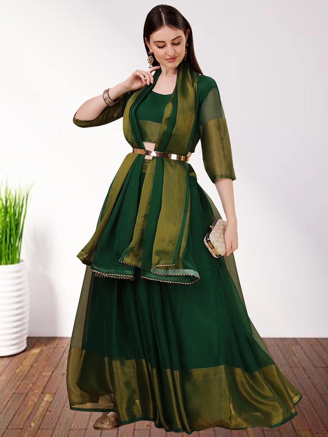 

N N ENTERPRISE Semi-Stitched Lehenga & Unstitched Blouse With Dupatta, Green