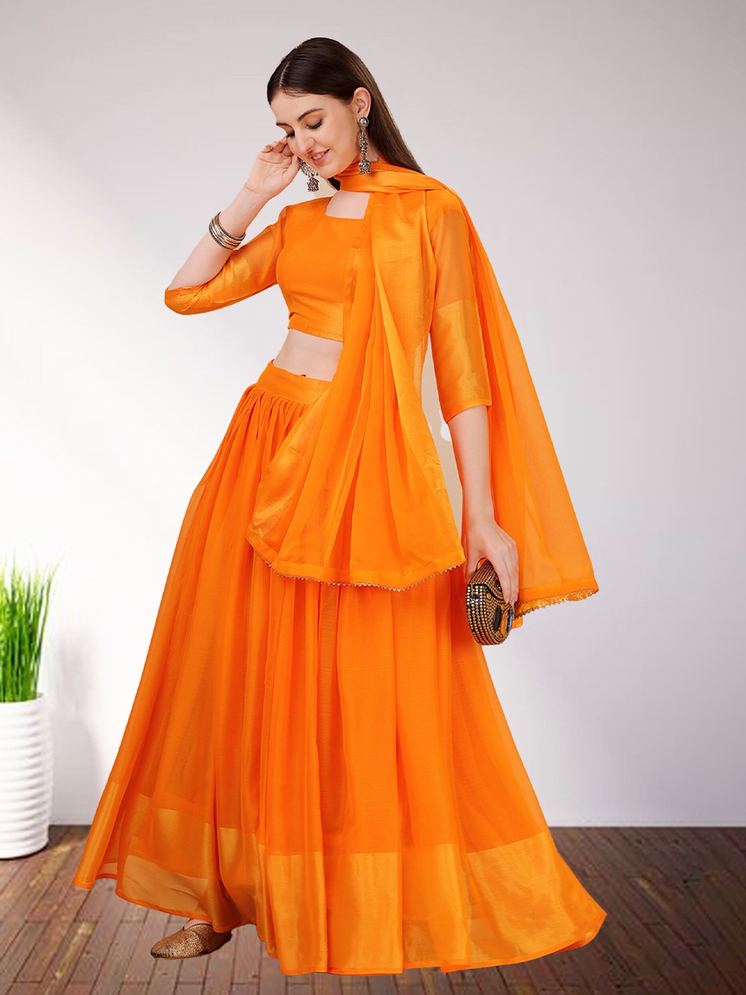 

N N ENTERPRISE Semi-Stitched Lehenga & Unstitched Blouse With Dupatta, Orange