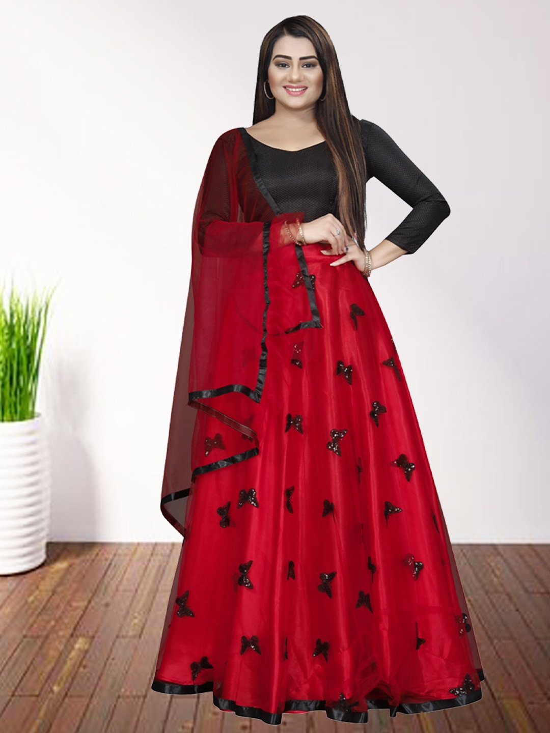 

N N ENTERPRISE Sequinned Semi-Stitched Lehenga & Unstitched Blouse With Dupatta, Red