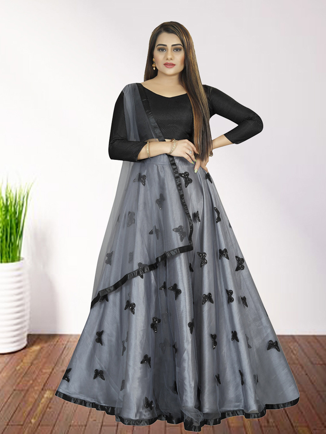 

N ENTERPRISE Thread Work Semi-Stitched Lehenga & Unstitched Blouse With Dupatta, Grey
