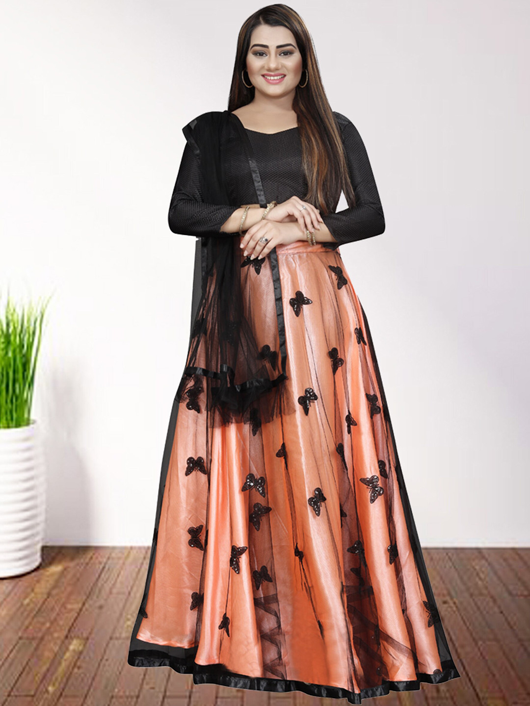 

N N ENTERPRISE Embellished Semi-Stitched Lehenga & Unstitched Blouse With Dupatta, Peach