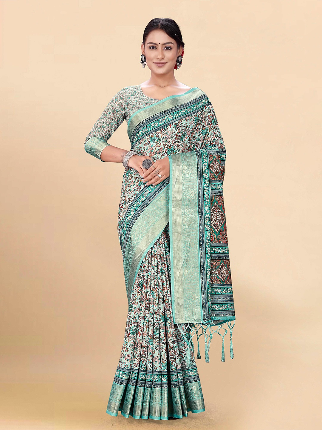 

Mitera Blue & Brown Ethnic Motifs Printed Zari Pure Cotton Saree