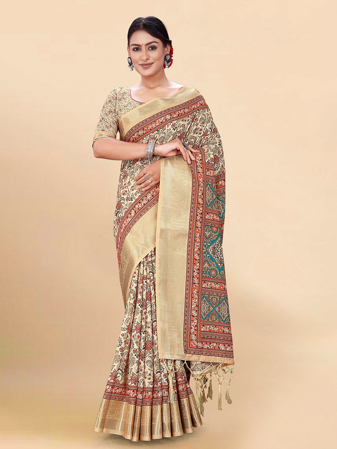 

Mitera Beige & Orange Floral Printed Pure Cotton Saree