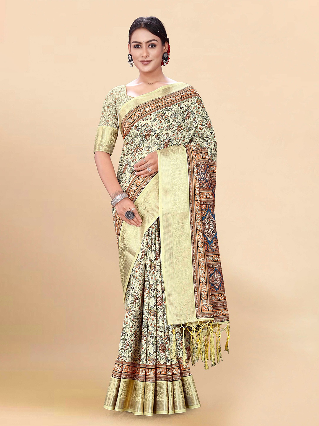 

Mitera Yellow & Brown Floral Printed Zari Pure Cotton Saree