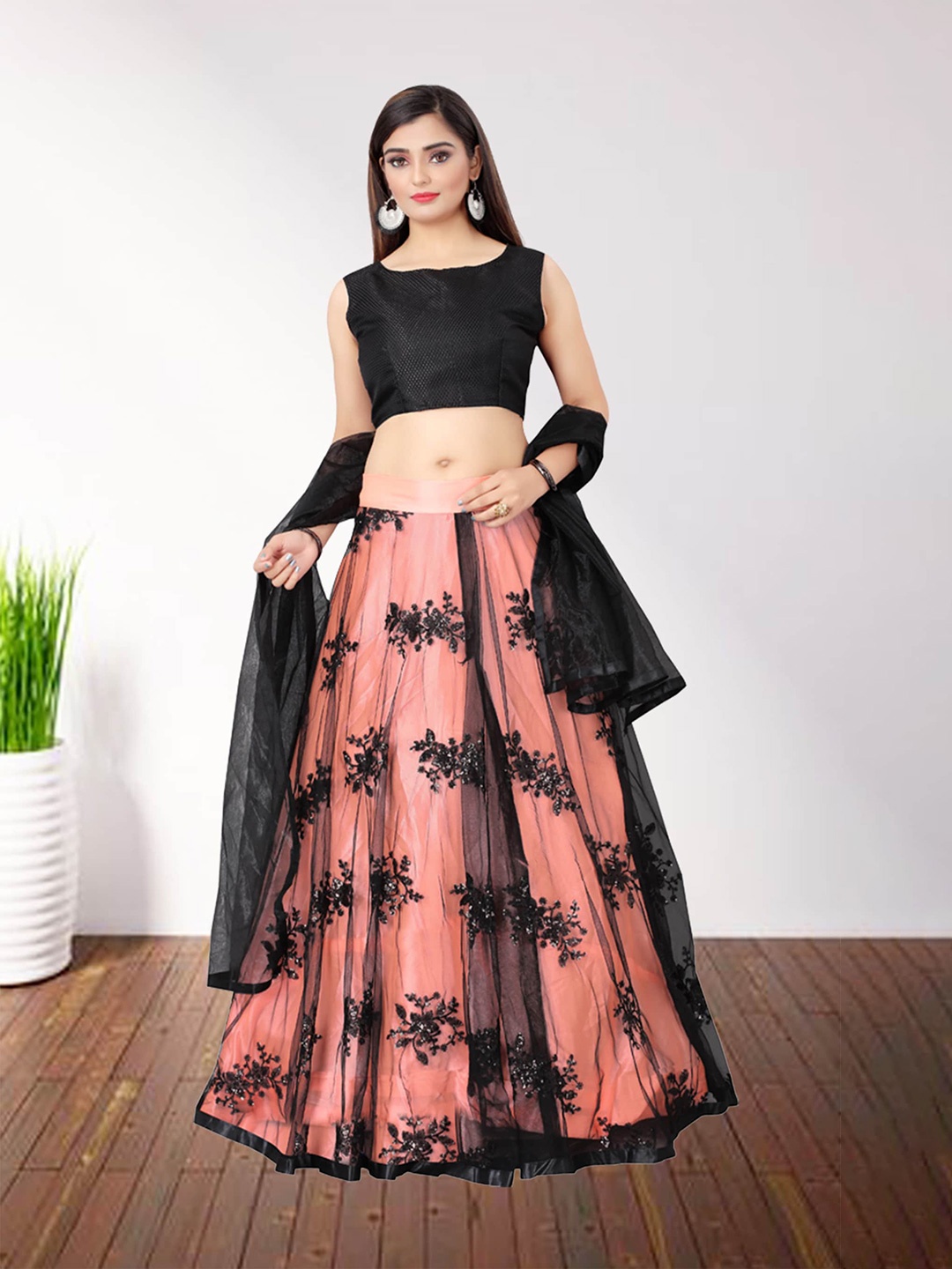

N N ENTERPRISE Sequinned Semi-Stitched Lehenga & Unstitched Blouse With Dupatta, Peach