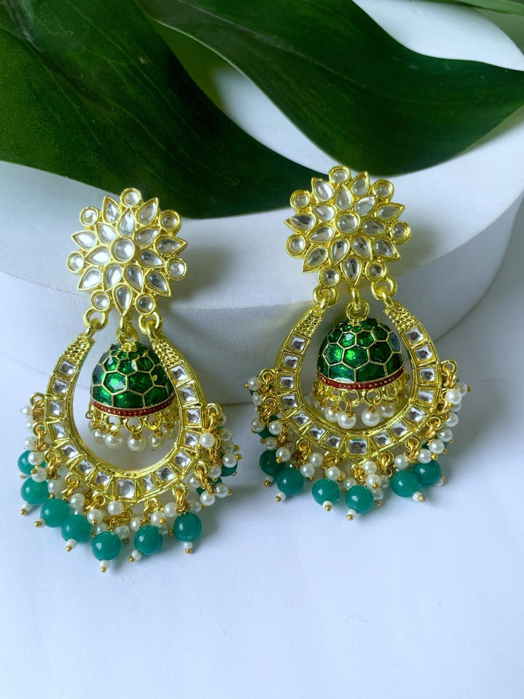 

I Jewels Gold-Plated Kundan Studded Contemporary Chandbali Earrings