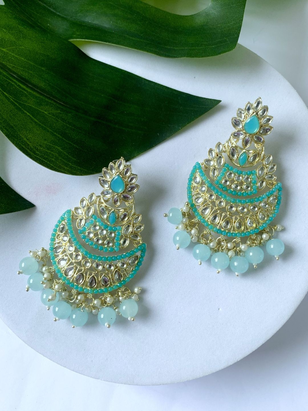 

I Jewels Contemporary Chandbalis Earrings, Turquoise blue