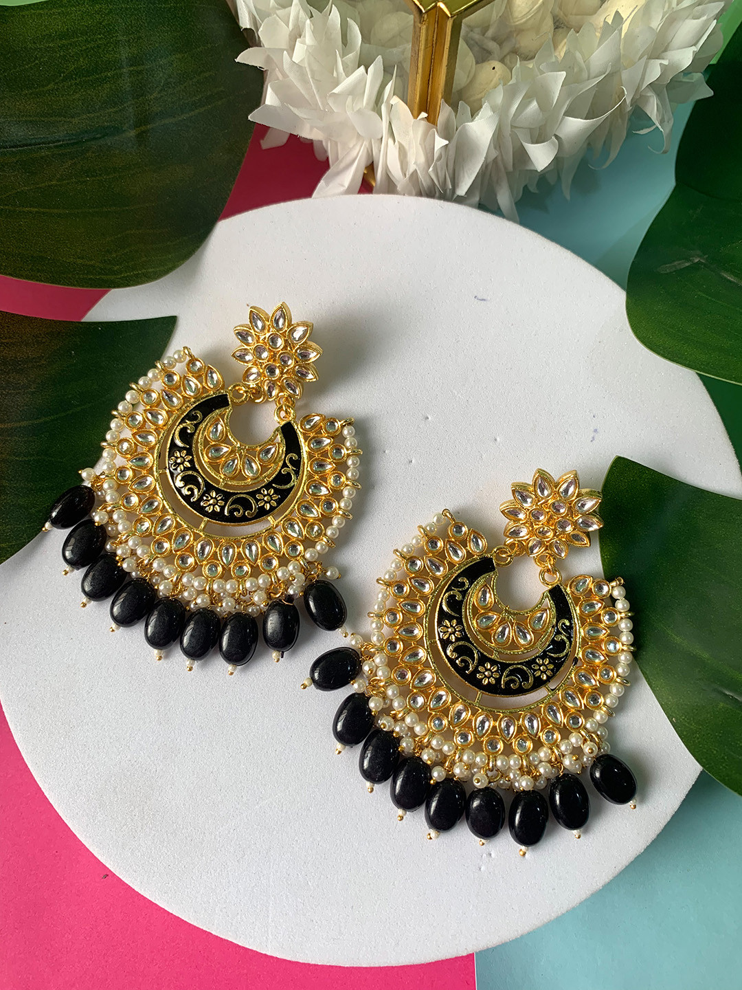 

I Jewels Gold-Plated Kundan Studded Pearl Chandbali Earrings