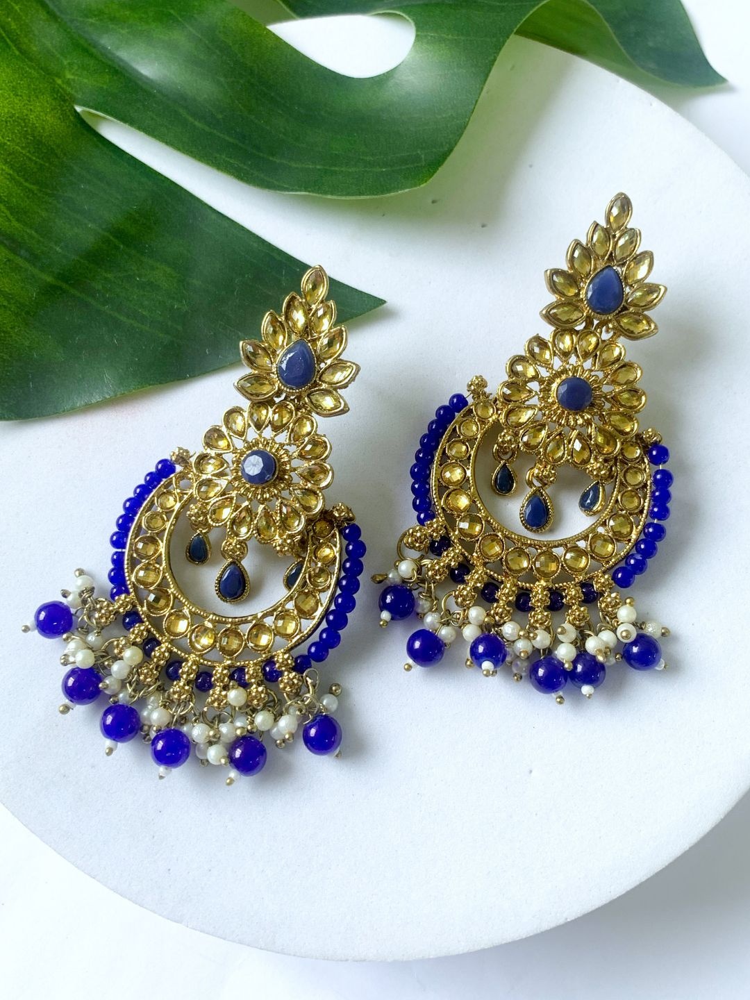

I Jewels Gold-Plated Kundan Studded & Beaded Chandbalis Earrings