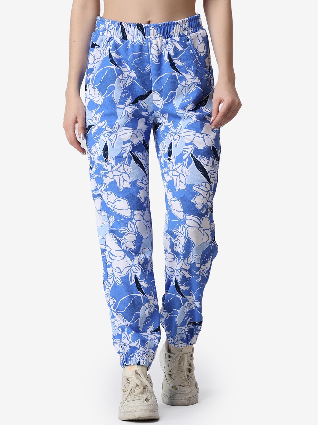 

Popwings Women Floral Printed Smart Travel Features High-Rise Joggers, Blue