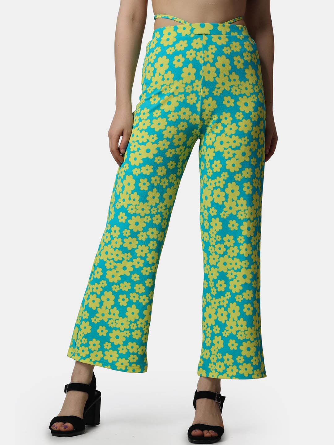 

Popwings Women Floral Printed Smart High-Rise Easy Wash Trousers, Yellow